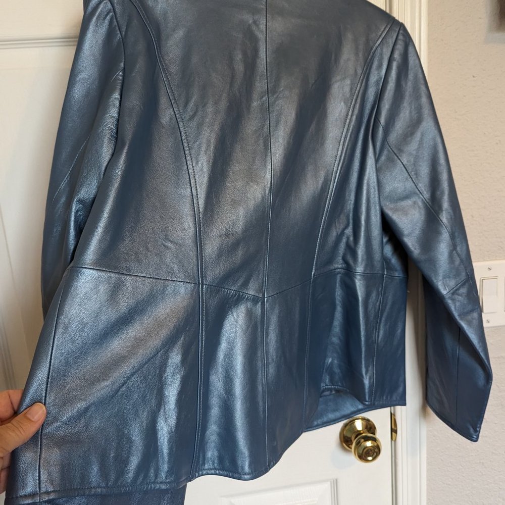 VINTAGE REAL LEATHER | METALLIC / PEARL BLUE | Jacket | L | Bradley Bayou | EUC - Picture 15 of 15